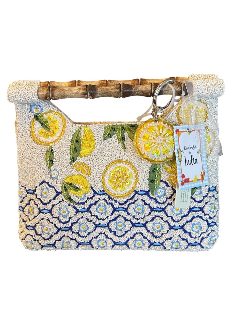 Beaded Lemon-Embellished Clutch with Bamboo Handle Yellow & Blue & Charm